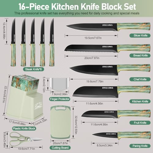 16-Piece Kitchen Knife Block Set with Cutting Board - German Stainless Steel Knives, Built-In Sharpener, Dishwasher Safe, Anti-Slip Handle - All-in-One Cutlery Set for Home/Kitchen (Cyan)