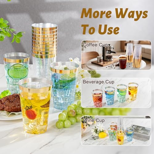 I00000 100 Pack 18 oz Gold Plastic Cups, Elegant Gold Rimmed Plastic Cups, Disposable Cocktail Glasses Wine Glasses, 18 oz Premium Tumblers Perfect for Birthday, Party & Wedding