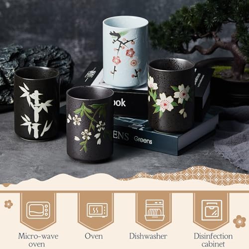 Qinyoung 4 Pcs Japanese Tea Cups Ceramic 10 oz No Handle, Flower， Bamboo