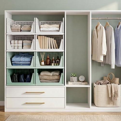 Pinkpum Green Boy Closet Organizers and Storage Stackable Plastic Drawer Basket for Clothing Stackable Storage Bins Shelf Storage Container for Rv Closet Wardrobe Bedroom Bathroom Playroom Man 8 Pack
