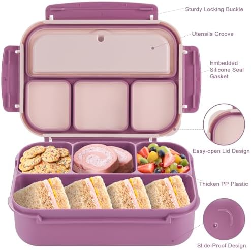 shell and turtle Bento Box Adult Lunch Box, Lunch Containers for Kids Girls Boys with 4 Compartments, Lunchable Food Container with Utensils, Sauce Jar, Muffin Liners, 40 Oz/5 Cup, Dark Purple