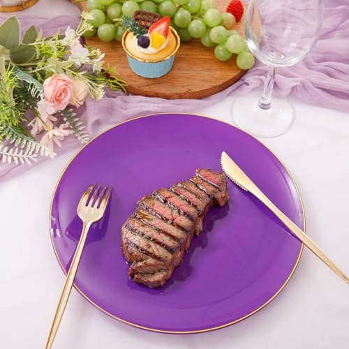 PULOTE 100PCS Purple Plastic Plates - Purple and Gold Disposable Include 50 Each (10.25 Inch Dinner & 7.5 Inch Dessert) Plates, Ideal for Party