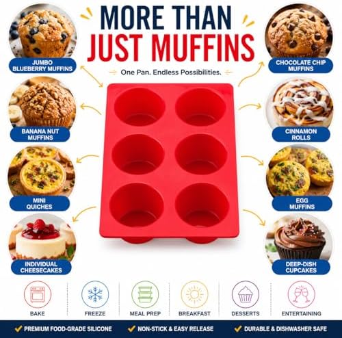 Mrs. Anderson's Baking Silicone 6-Cup Jumbo Muffin Pan, Non-Stick European-Grade Silicone