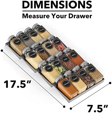 SpaceAid Spice Drawer Organizer with 16 Spice Jars, 386 Spice Labels, 4 Tier Seasoning Rack Tray Insert for Kitchen Drawers, 7.5" Wide x 17.5" Deep