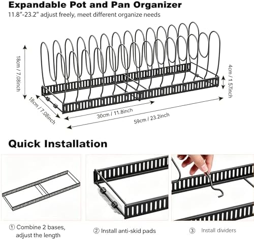 Expandable Pot and Pan Organizer for Cabinet, 14 Adjustable Dividers, Versatile Pan Holder Storage Rack, Extends from 12'' to 23'', Fits Cabinets, Countertops, or under Sink, Black, Iron
