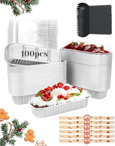 YQER 100 Pack Silver Mini Cake Pans with Lids and Spoons, 6.8 oz Disposable Aluminum Foil Mini Loaf Pans with Stickers, Individual Elegant Dessert Cake Tins Containers for Weddings, Winter Parties