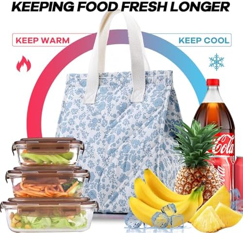 TELLUMO Quilted Floral Lunch Bag for Women, Cute Insulated Blue & White Small Lunch Box, Reusable Leakproof Tote for Work Office