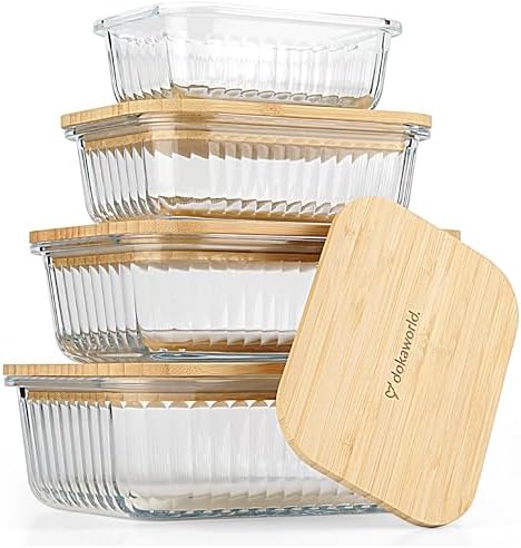 Ribbed Glass 4 Stackable Meal Prep Containers with Bamboo Lids