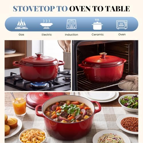 DUMOS Cast Iron Dutch Oven, 6 Quart Pot with Lid, Enameled Heavy Duty Cookware, Oven Safe to 500°F, Perfect for Bread Baking, Stews and Roasting, Moisture Sealing Lid with Dual Handles, Gradient Red