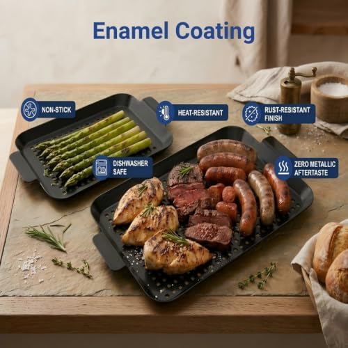 Grill Pan Set for Outdoor BBQ - 2PCS Non-Stick Enamel Grill Topper with Holes, Dishwasher Safe, Charcoal & Gas Grill Compatible (Large 14.4"x9.8" + Small 11"x7")