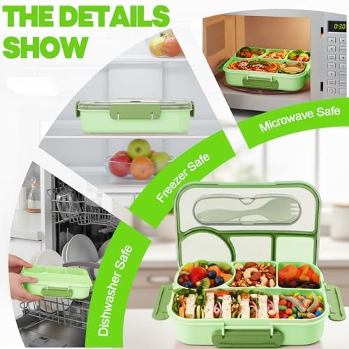 Bento Box for Adults, 4 Compartments Lunch Box, Lunch Containers, Green