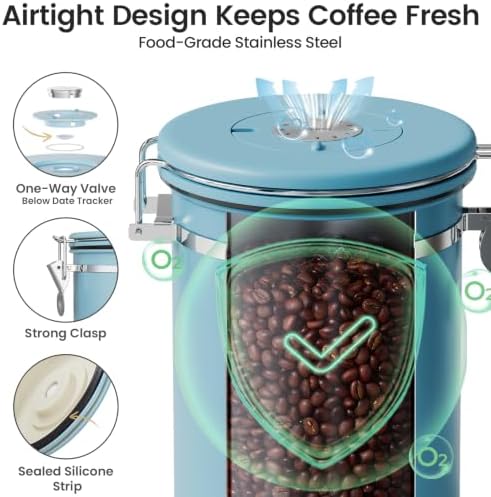 Veken Coffee Canister with Window, Airtight Stainless Steel Container,Date Tracker, Kitchen Food Storage Jars for Beans, Ground, Espresso, Rice,Tea, Sugar, Cereal, Gifts, Scoop, Blue, 22OZ (Pack of 2)