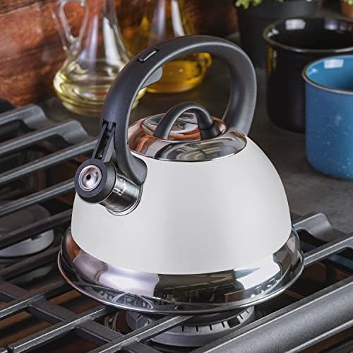 Mr. Coffee Flintshire 1.75-Quart Stainless Steel Whistling Tea Kettle with Nylon Handle – Durable Stove-Top Kettle in Linen Finish