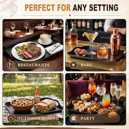 Kathfly 12 Pack 16" x 11" Serving Trays with Handles, Plastic Tray, Black