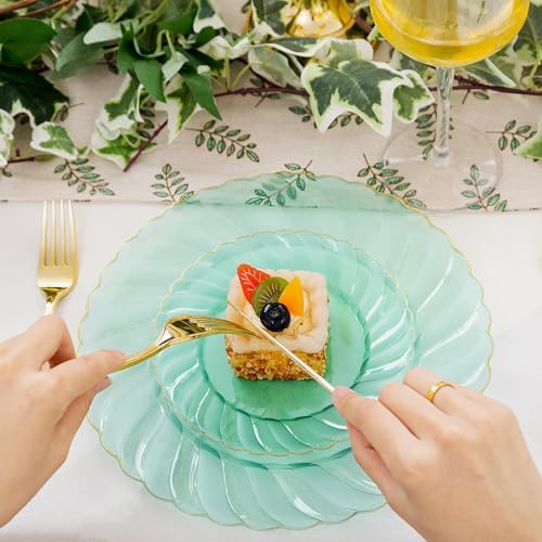 YOUBET 125PCS Clear Green Plastic Plates with Gold Rim for Wedding Party