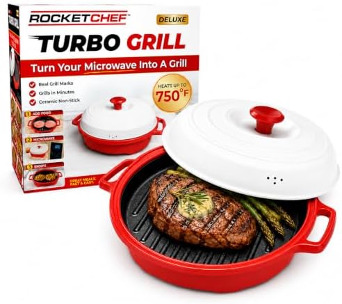 Turbo Grill Deluxe - Microwave Grill Pan with Lid, Nonstick, Ceramic Nonstick Grill Pan with Vented Lid, Grills, Sears & Crisps Bacon, Burgers, Steak & Veggies Fast + Bonus Recipe Guide