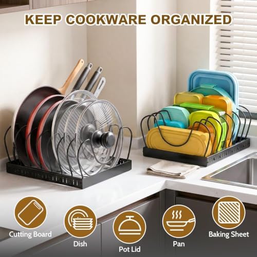 NomNest 2PACK Large Pot Lid Organizers Inside Cabinet, Pots and Pans Organizer Under Cabinet with 16 Adjustable Dividers for Kitchen, Countertop Pan Lid Holder, Rust-Resistant Lid Storage