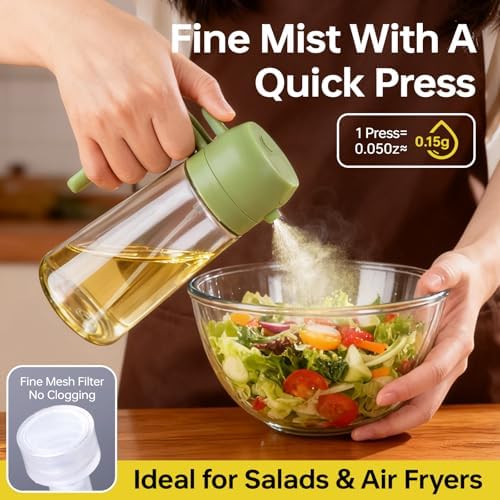 2Pcs Glass Oil Sprayer for Cooking 16oz/470ml, Kitchen Gadget for Air Fryer, Salad, BBQ, Frying（White） (Black+Green)
