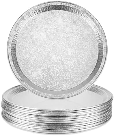 15 Pack Disposable Pizza Pans 12IN, Oven Safe, Aluminium Foil Serving Platters/Trays for Parties, Silver Embossed Foil Serving Dishes/Plates for Vegetable, Fruit, Slices of Cake, Cookies