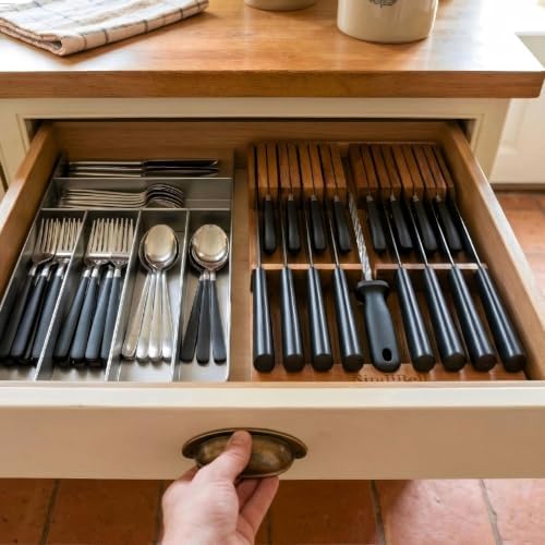 In Drawer Knife Block Acacia Wood Kitchen Knives Drawer Organizer Large
