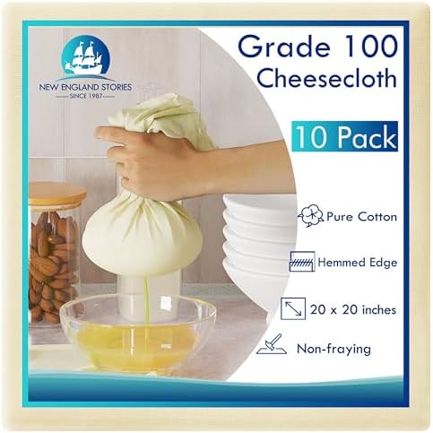 10 PCS Reusable Cheesecloth, Grade 100, 20x20 Inch Hemmed Cheese Cloth for Straining Craft, 100% Cotton Unbleached Cloth Strainer for Cooking, Baking, Juicing, Cheese Making