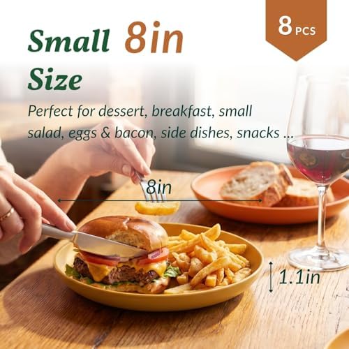 Homienly Deep Dessert Plates Unbreakable Wheat Straw Dinner Plates 8 PCS Microwave & Dishwasher Safe Plates Sets for Kitchen, Camping, Reusable Plastic Plates for Kids, Appetizer (Colorful, 8 inch)