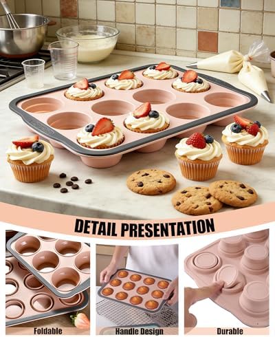 Silicone Muffin Pan for Baking with Metal Frame， Nonstick Cupcake Pan， 12 Cup Baking Pan for Cupcake, Tarts, Egg Bites(12 Cup Pink)