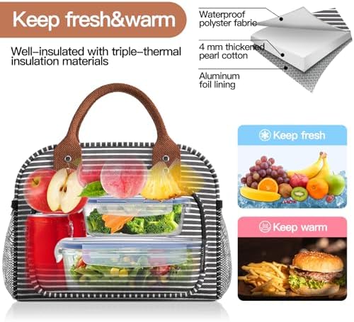 Lunch Bag for Women, Insulated Lunch Box for Women Men Work Adult, Cute Lunch Tote Large Capacity Reusable Cooler Containers for Picnic Travel Office or Beach (Black and White Stripes)