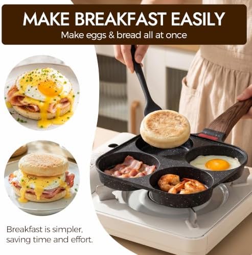 4 Cup Egg Pan with Lid, Egg Frying Pan Nonstick for English Muffins