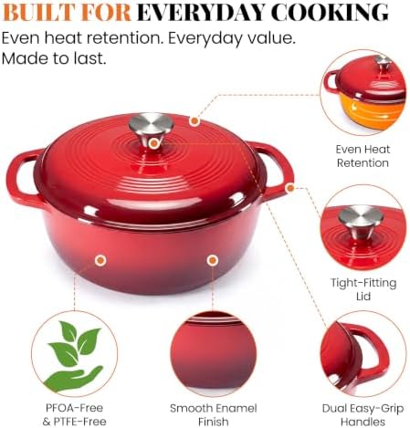 Sweetcrispy 6 Qt Enameled Cast Iron Dutch Oven Pot with Lid, Red