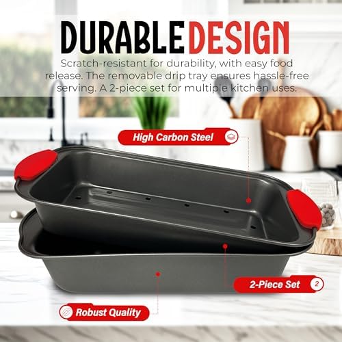 PERLLI Nonstick Meatloaf Pan with Drip Tray Insert – High-Carbon Steel Bakeware with Silicone Grips – Ideal for Baking Bread, Cake, and Roasting Meat in the Oven - 2-Piece Set