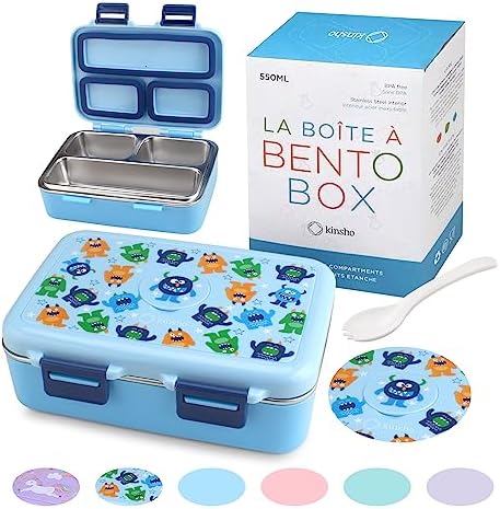 kinsho Small Stainless Steel Lunch Box for Baby Toddlers, Blue Cute Monster