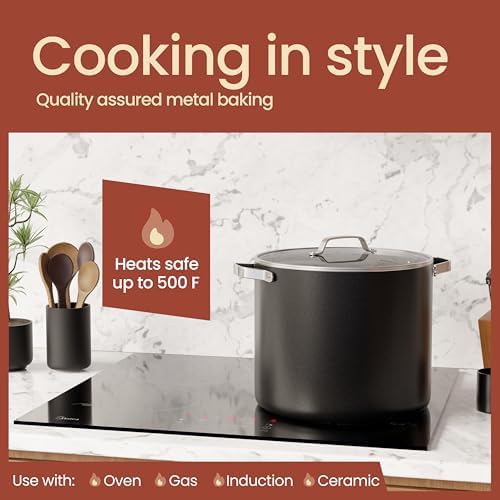 Bakken 16 Quart Ceramic Coated Stock Pot with Lid, Easy Clean Nonstick Pot, Tempered Glass Lid, Riveted Stainless Steel Handles, Oven Safe Up To 500°F, PTFE & PFAS Free, All Stove Compatible, Black