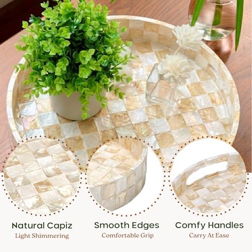 CHI AN HOME 12.6" Decorative Capiz Shell Round Tray for Coffee Table, Ivory