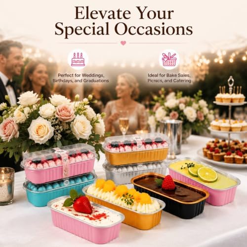 100 Pack Mini Cake Pans with Lids and Spoons, Disposable Aluminum Foil Cake Tins（6.8oz） Mini Loaf Pans with Lids for Party, Wedding, Birthday