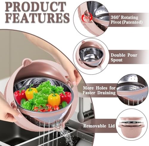 4-1 Strainer Bowl with Lid Set - Strainers and Colanders, Colander for Kitchen, Pasta Strainer, Fruit Cleaner, Veggie Wash, Funny Kitchen Present, Fruit Washing Bowl, Cooking Present for Women - Pink