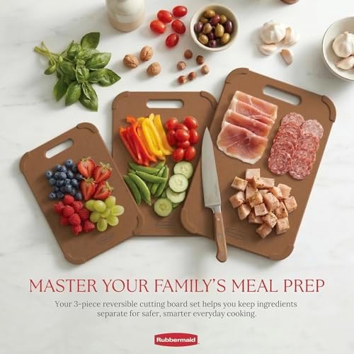 Rubbermaid 3pc Reversible Wheat Fiber Cutting Board Set | BPA Free Non Toxic Cutting Boards for Kitchen – Dishwasher Safe, Non-Slip Corners & Lightweight | For Meat, Veggies & Fruits