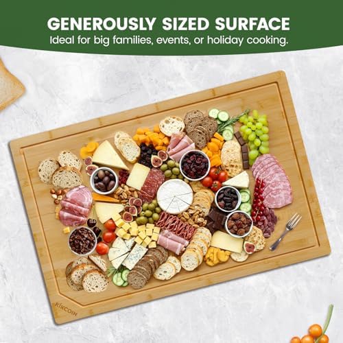 Kikcoin 36”×24” Bamboo Cutting Boards for Kitchen, Heavy Duty Wooden Cutting Boards, Healthy Extra Large Chopping Boards with Deep Juice Groove and Handle, Oversized Stove Top Cover, Natural