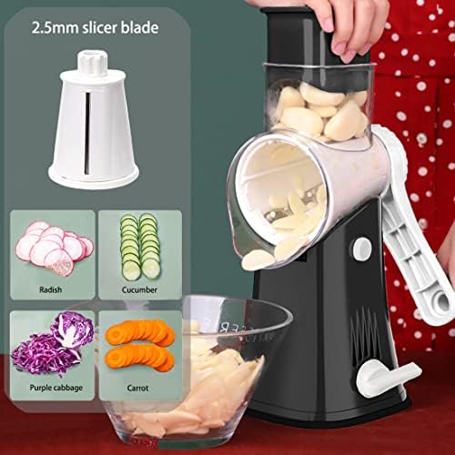 Rotary Cheese Grater Shredder 5-in-1 Tumbling Box Mandoline Vegetable Julienne Slicer Waffle Cutter Nut Chopper, Black