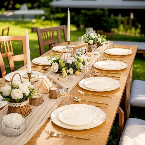 PULOTE 100PCS Ivory Plastic Plates - Cream Plastic Disposable Heavy Duty for Party & Wedding - Include 50 Each (Dinner & Dessert) Plates