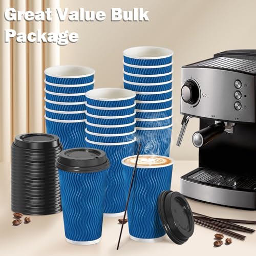SIUQ 90 Pack 16 oz Disposable Coffee Cups with Lids and Straws - Navy
