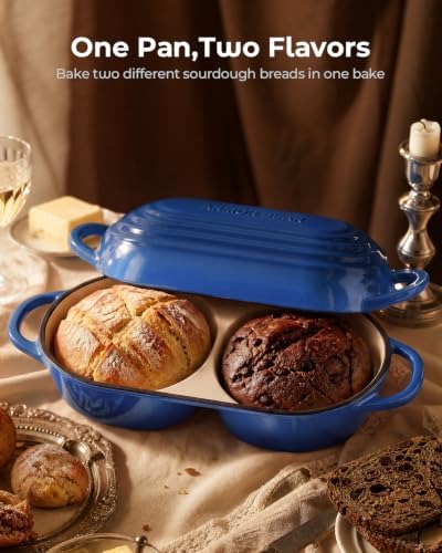 Sourdough Bread Baking Kit with Double Loaf Cast Iron Bread Pan, Blue