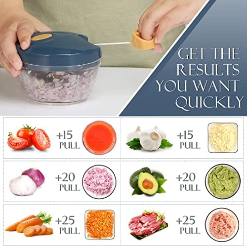 Ourokhome Manual Food Processor Vegetable Chopper, Portable Hand Pull String Garlic Mincer Onion Cutter for Veggies, Ginger, Fruits, Nuts, Herbs, etc., 500ml, Deep Blue