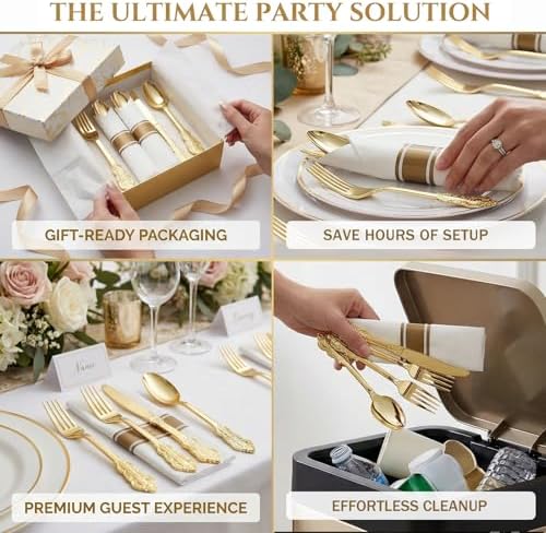 Liacere 400PCS Gold Plastic Silverware-Pre Rolled Napkins Disposable Gold Plastic Cutlery-Premium Quality Utensils-Includes 100Forks,100Knives,100Spoons,100 Napkins & Thanksgiving & Fall Party