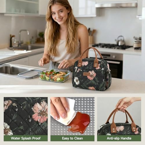 HOMESPON Insulated Lunch Bag for Women Men, Cooler Tote Box, Green Leaves