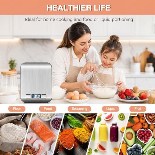 Digital Food Kitchen Scale, Stainless Steel, LCD Display, Precision Grams and Ounces for Baking, Cooking, Keto & Meal Prep, 11lb/5kg Capacity