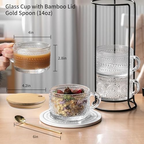 DOPUDO Vintage Glass Coffee Mugs,Overnight Oats Containers With Lids,Glass Cup With Sealed Lid and Spoon,Glass Coffee Mugs,Coffee Bar Accessories,Ideal for Cappuccino, Latte(6-Pack,14oz)
