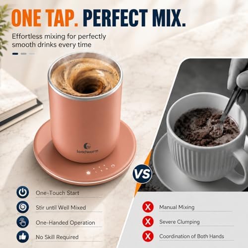 Self Heated Stirring Coffee Mug, 10oz Auto Mixing Cup with Warmer, Rose