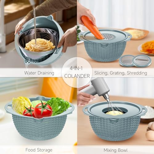 4-1 Strainer with Bowl & Spoons Set - Strainers and Colanders(Patented) - Colanders for kitchen - Food Strainer with New Upgraded Graters & Spoons - Fruit Bowl for Pasta Fruits Veggie- Blue