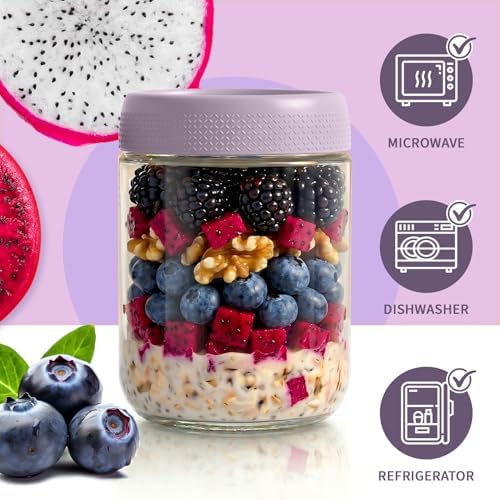Overnight Oats Containers with Lids, 16oz Parfait Cups with Lids, Glass Jar